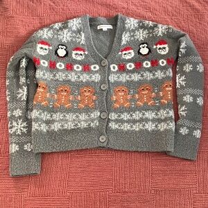 Festive women’s extra small Gray Cardigan with Holiday Motifs Christmas sweater
